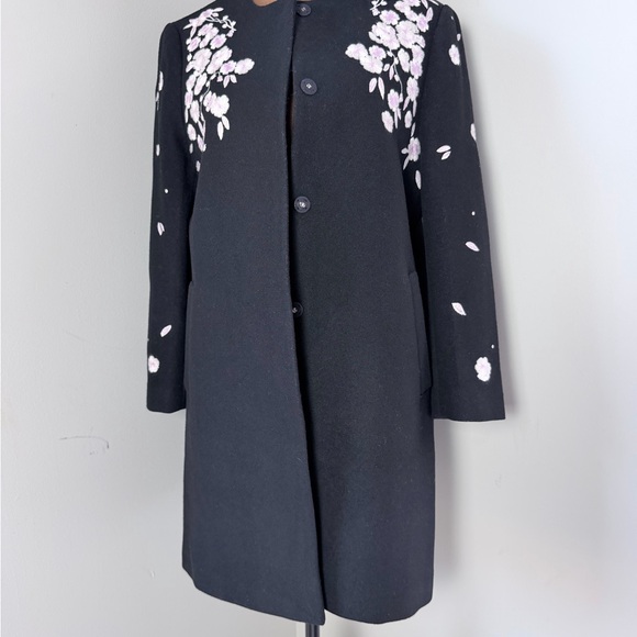 Ochirly  Chic Black Floral 4/5 Sleeve wool coat embroidery fit S - Picture 13 of 16